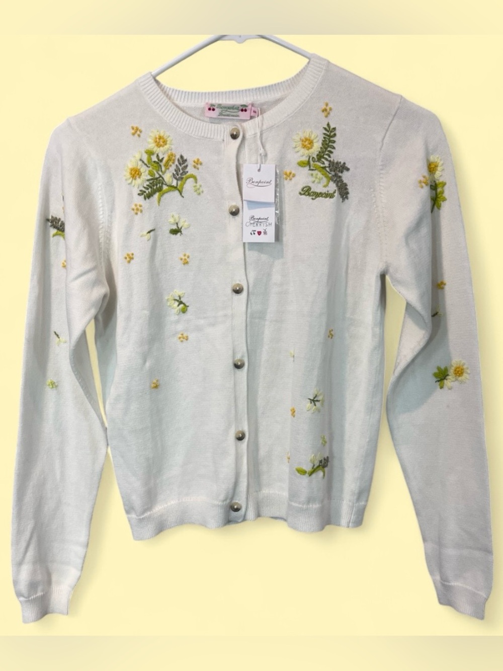 NWT Bonpoint 14A White Long Sleeve Button Up Cardigan w/floral embroidery